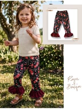 🌿Maroon Floral Boho Girls Size 4-5T Pants - Ruffle Bells